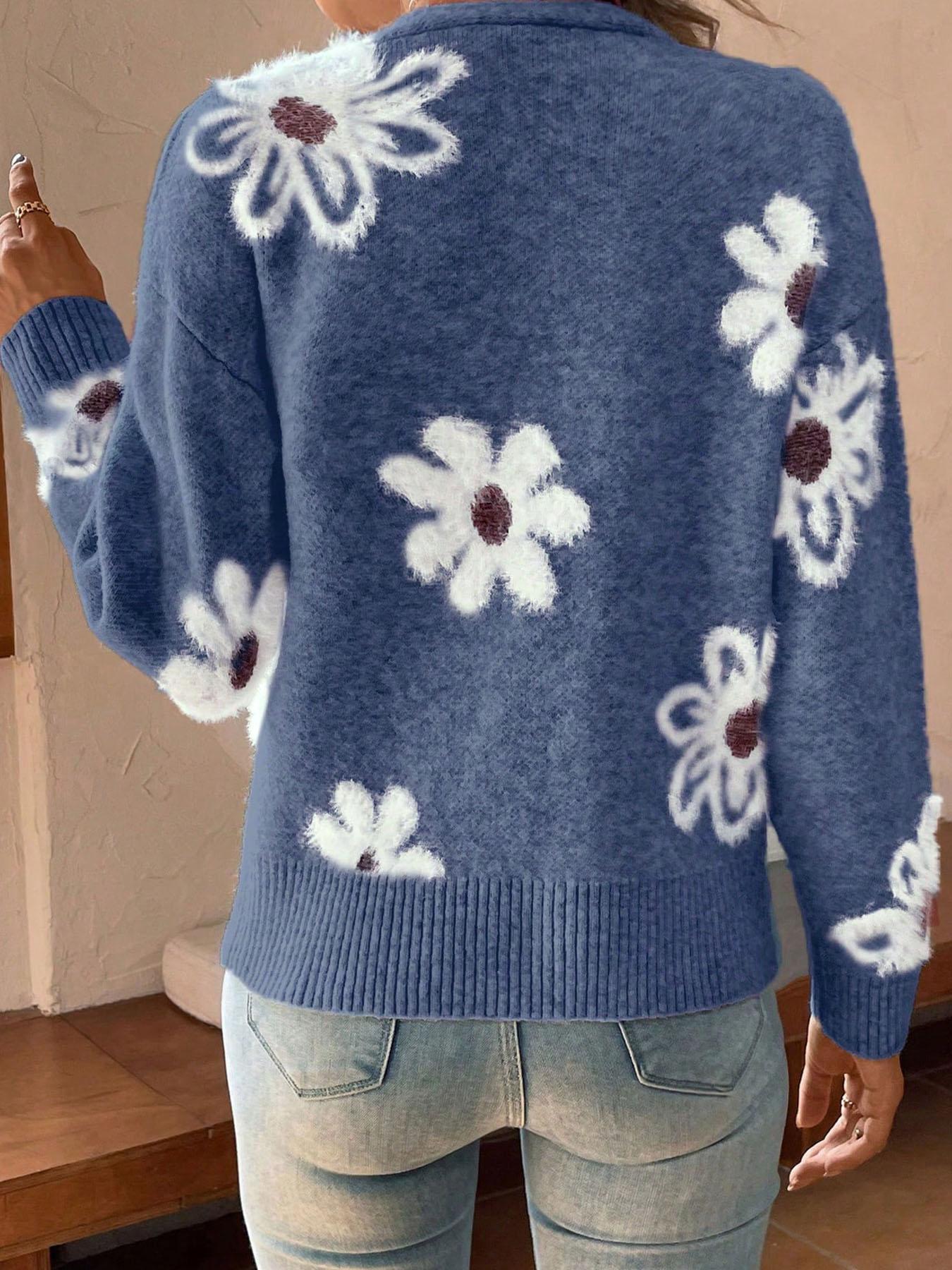 Plus Size Floral Print Button Front Cardigan, Casual Drop Shoulder  V Neck Knitwear for Fall & Winter, Women's Plus Clothing for Daily Wear Womenswear
