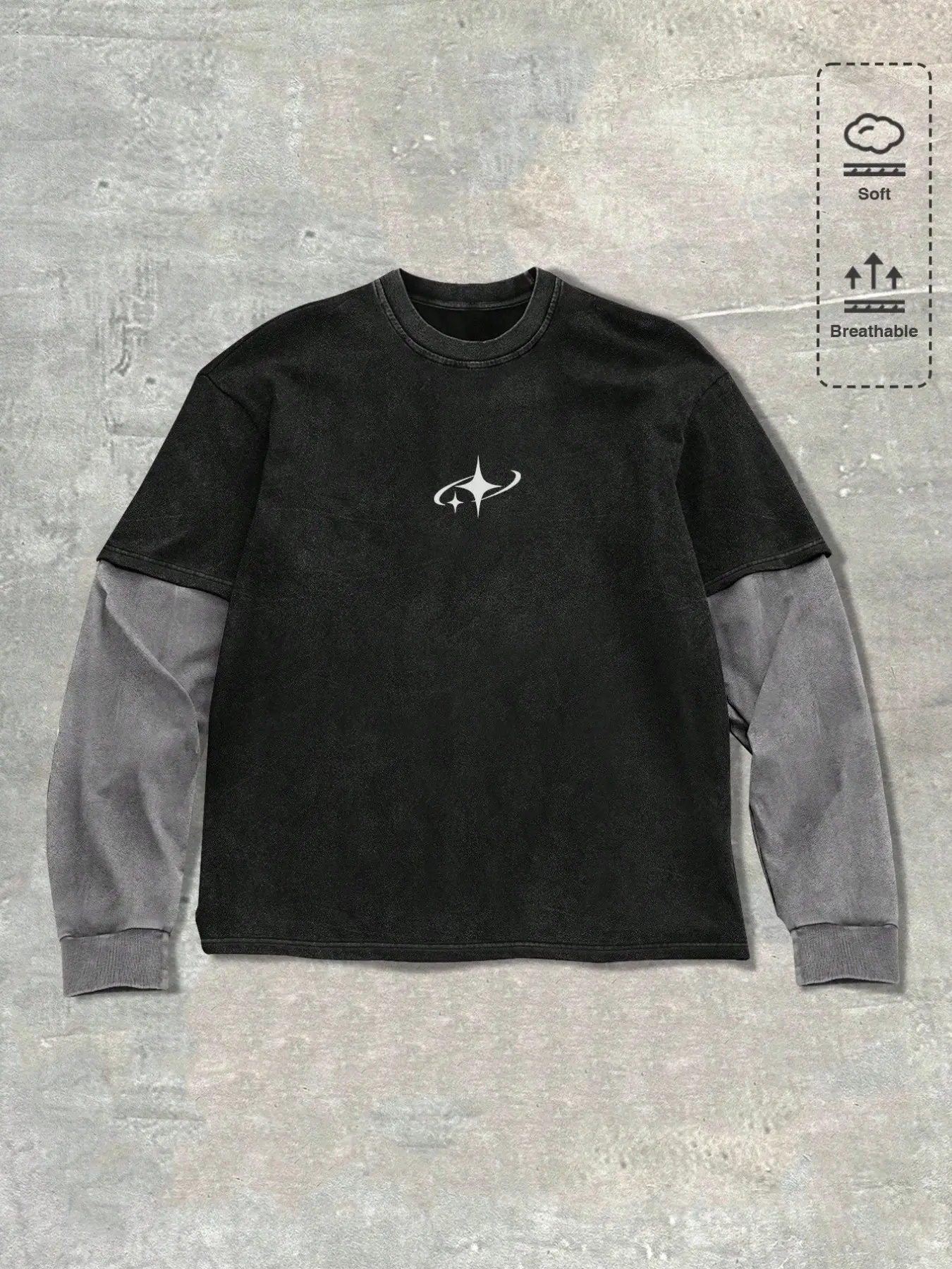 Men's Vintage Washed Star Graphic Fake Two-Piece Long Sleeve T-Shirt, Black and Gray Colorblock Oversized Streetwear Tee, Soft Breathable Casual Fashion Clothing Top for Men, Perfect for Daily Wear, Street Style and Hip Hop Outfits