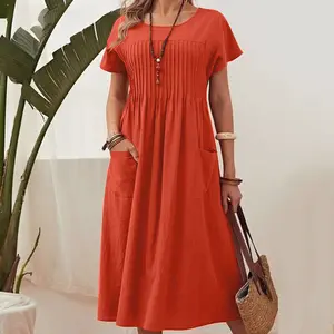 Lady's Solid Round Neck Short-Sleeve Linen-Cotton Ruched Pocket Basic Casual Maxi Dress for Sports & Outdoor Activities
