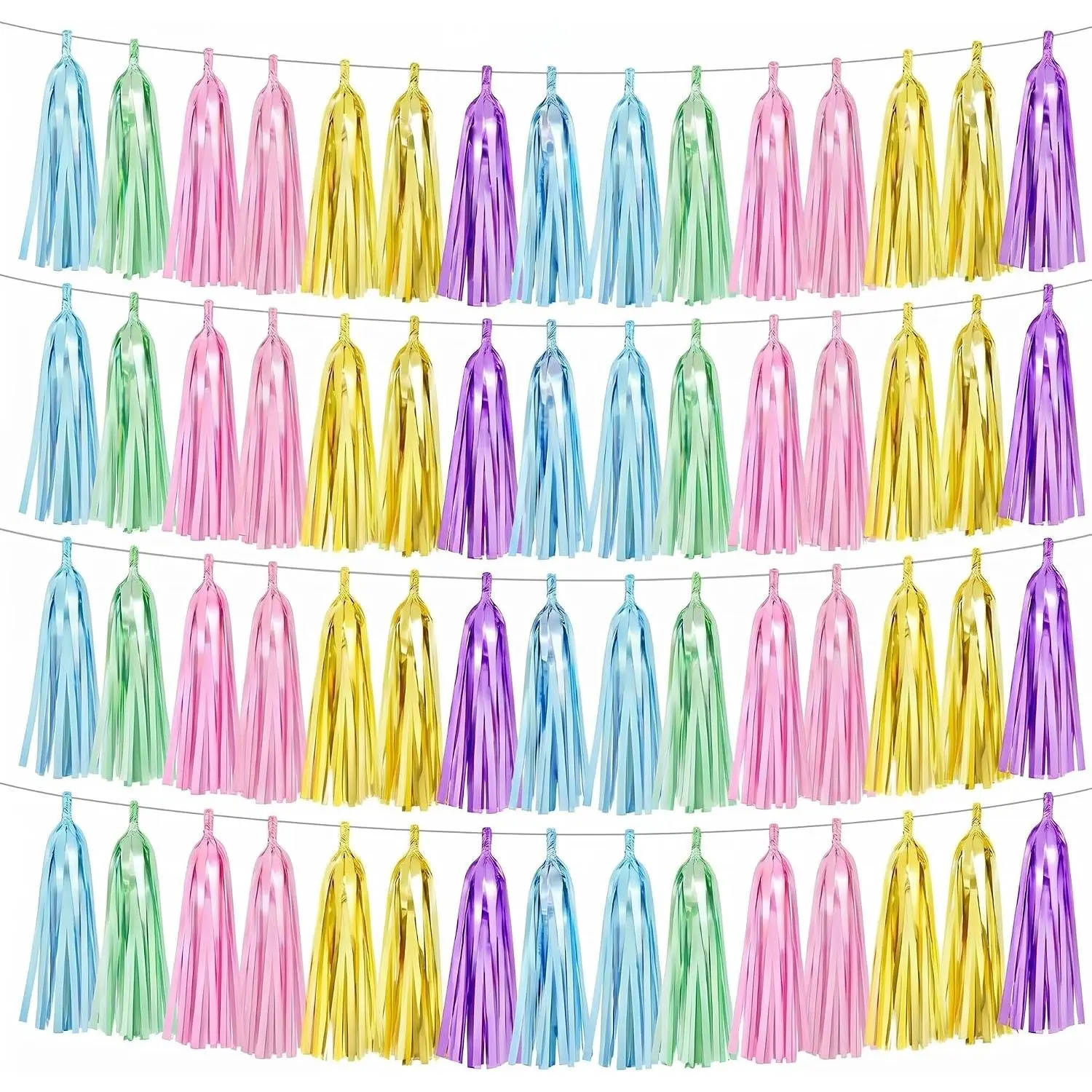 4 count Pastel Tassel Garland Rainbow Tassel Streamers | Colorful Metallic Foil Fringe, 75*12in, Parade Floats, Birthday Wedding  Shower, Bachelorette Party Decorations