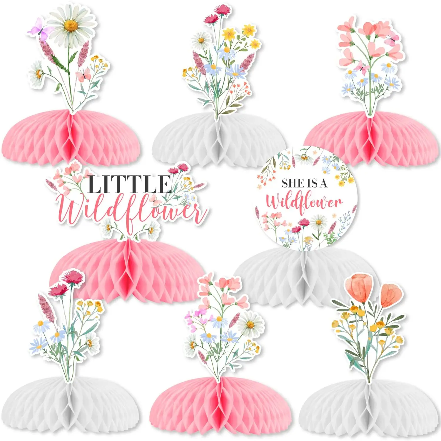 8 Pieces She is A Wildflower Table Honeycomb Centerpieces Decorations for Girls Pink Wild Flower Theme 3D Table Decors Birthday Favors Table Toppers Baby Shower Party Supplies