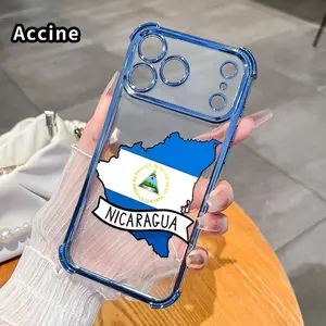 Compatible with iPhone 17 Pro Max 16 15 Plus Air 14 13 12 11 E Phone Case Nicaragua's Outline Flag Four-Corner Drop-Resistant Electroplated Transparent TPU Soft Protective Cover Gift