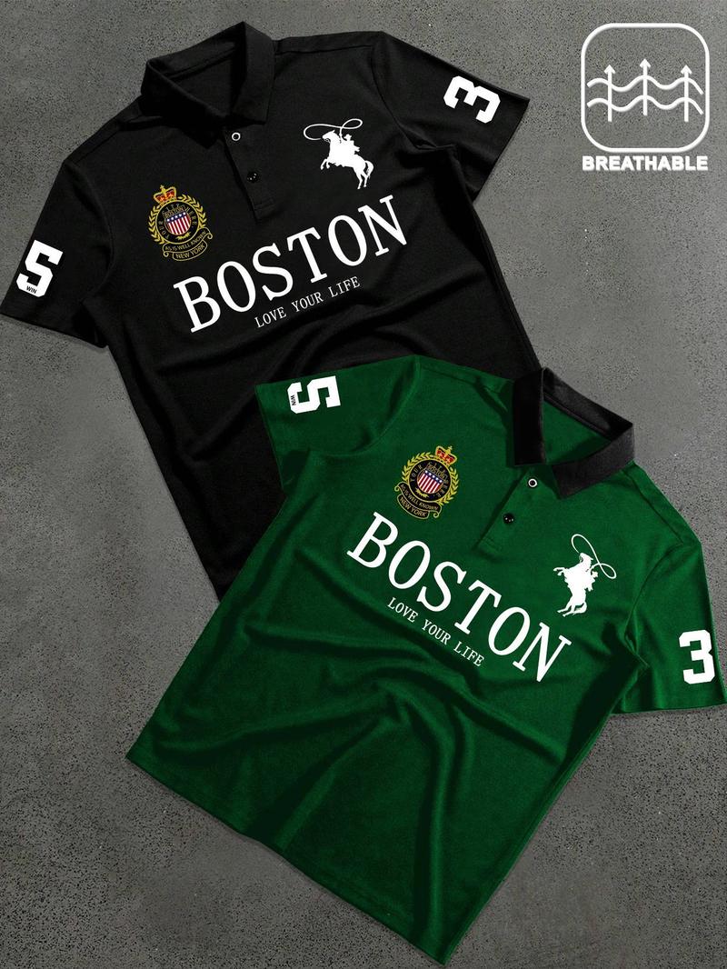 Men's Letter & Number Print Polo Shirt, Fitted Casual Collared, Regular Fit Casual Short Sleeve Top for Daily Outdoor Wear, Fashion Men's Clothes for All Seasons