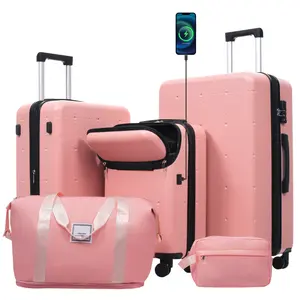 Hardside Luggage Set 5 Piece with Bags,20IN Half-opening Carry on Luggage with USB Port, Expandable 24IN 28IN Luggage with Double Spinner Wheels TSA Lock