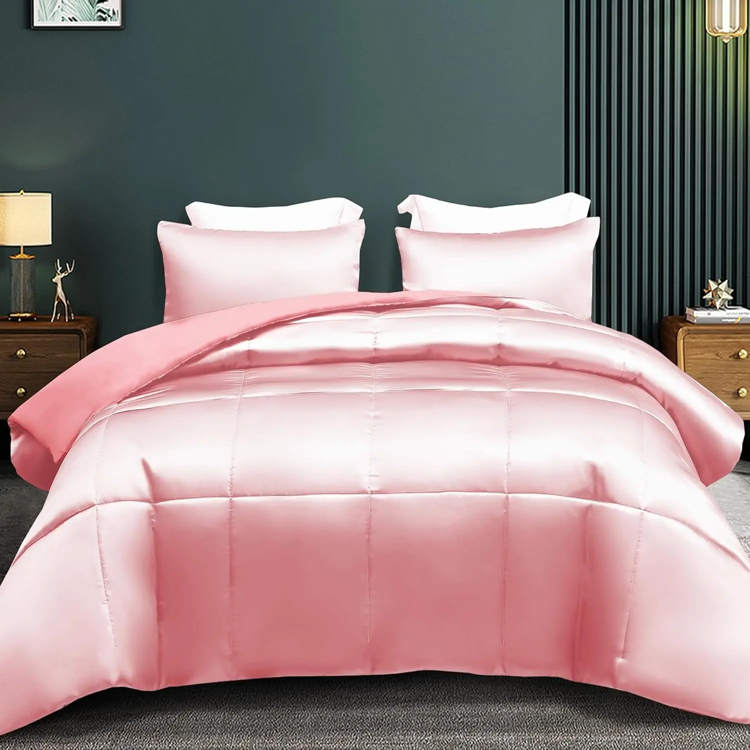 3-Piece Reversible Silky Soft Queen Comforter Bedding Set, Luxurious Satin Comforters Full Size with 2 Satin Pillowcases, Lightweight Duvet for All Seasons, Pink