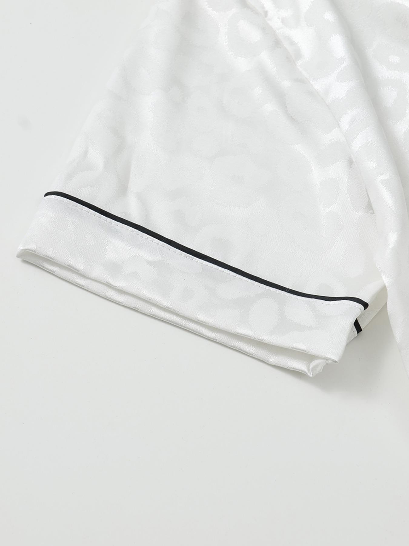 Women's Leopard Print Contrast Trim Lapel Neck Pajama Two-Piece Set, Comfort Loungewear PJ Set, Short Sleeve Button Up Top & Shorts PJ Set, Casual Sleepwear Set for Women