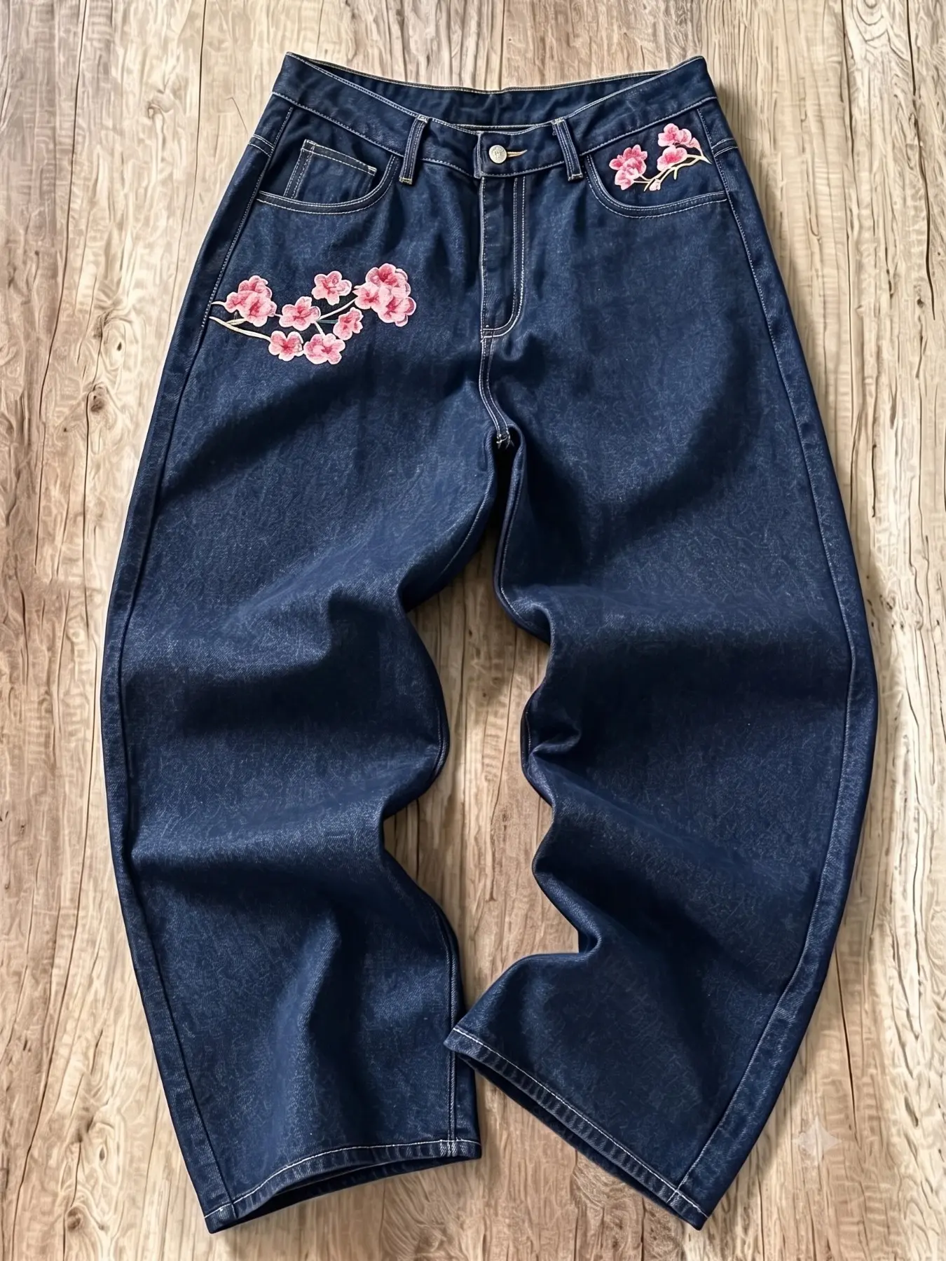 Men's Deep Blue Loose Fit Straight Leg Jeans, Cherry Blossom Embroidery, Contrast Stitching, Japanese Streetwear Casual Pants