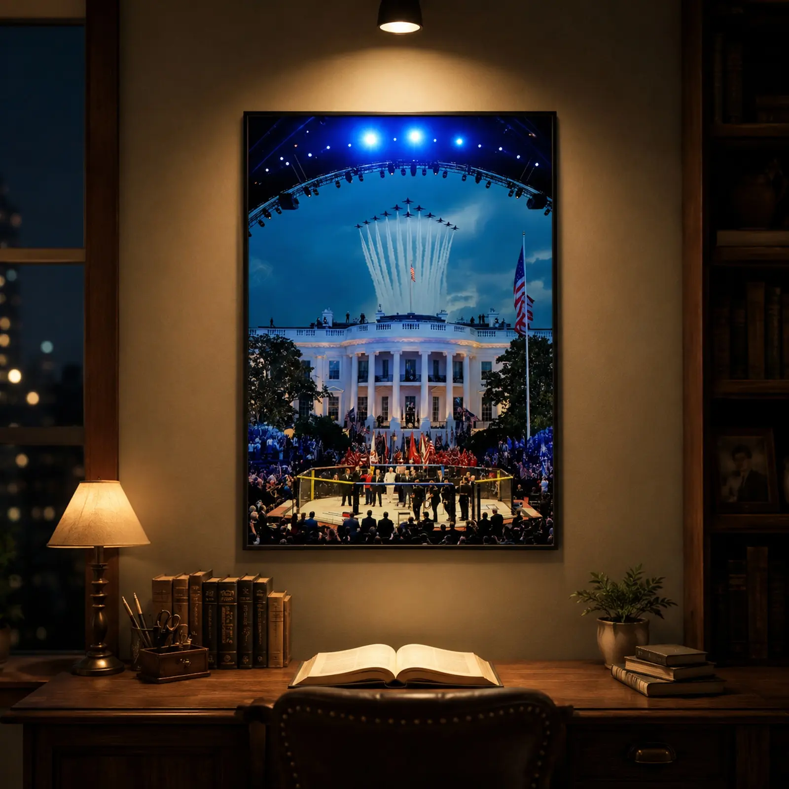White House Flyover MMA Vertical Matte Poster, Frame Not Included, Fight Night Freedom 250, USA Flag Wall Art, Patriotic UFC-Style Cage Canvas, American Veteran Decor, Man Cave Art, Military Gift, Sports Bar Decor, Boxing Art, Independence Day Decor