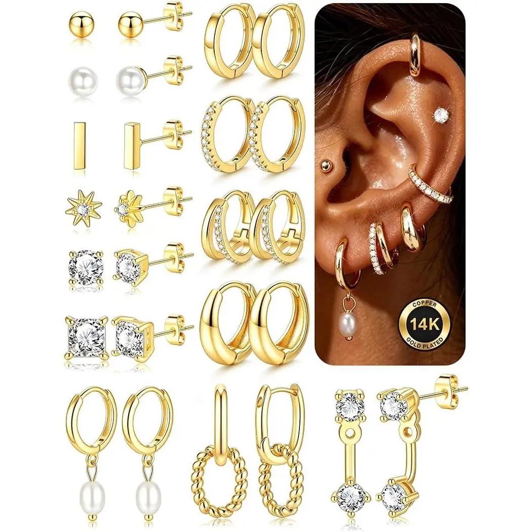 Women's 13-Pair 14K Gold-Plated Earrings Set - Hypoallergenic, Multi-Style Hoop & Stackable Fashion Costume Jewelry
