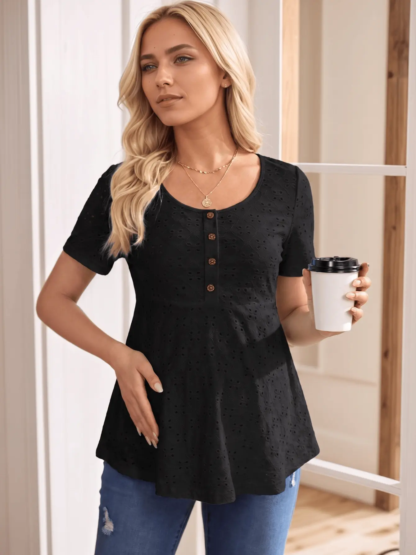 Women's Maternity U-Neck Short-Sleeve Black T-Shirt Top - Breathable Stretch Polyester Blend, Side Ruching, Eyelet Embroidery, Pregnancy Summer Activewear, Modest Party Wear