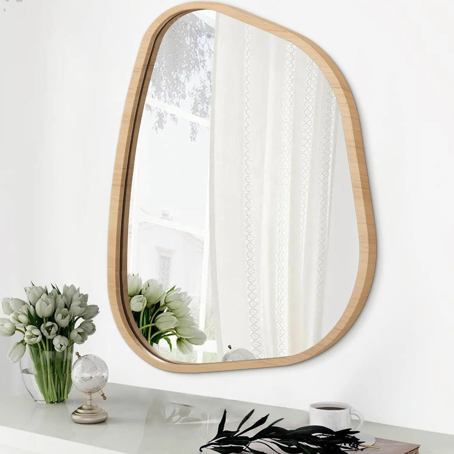 Irregular Bathroom Mirror Modern Wall Mirror Asymmetrical Wooden Framed Wall Mirror Unique Shape Wall Mounted Vanity Artistic Mirror Decor for Living Room Bedroom Entryway Large 26"x18"