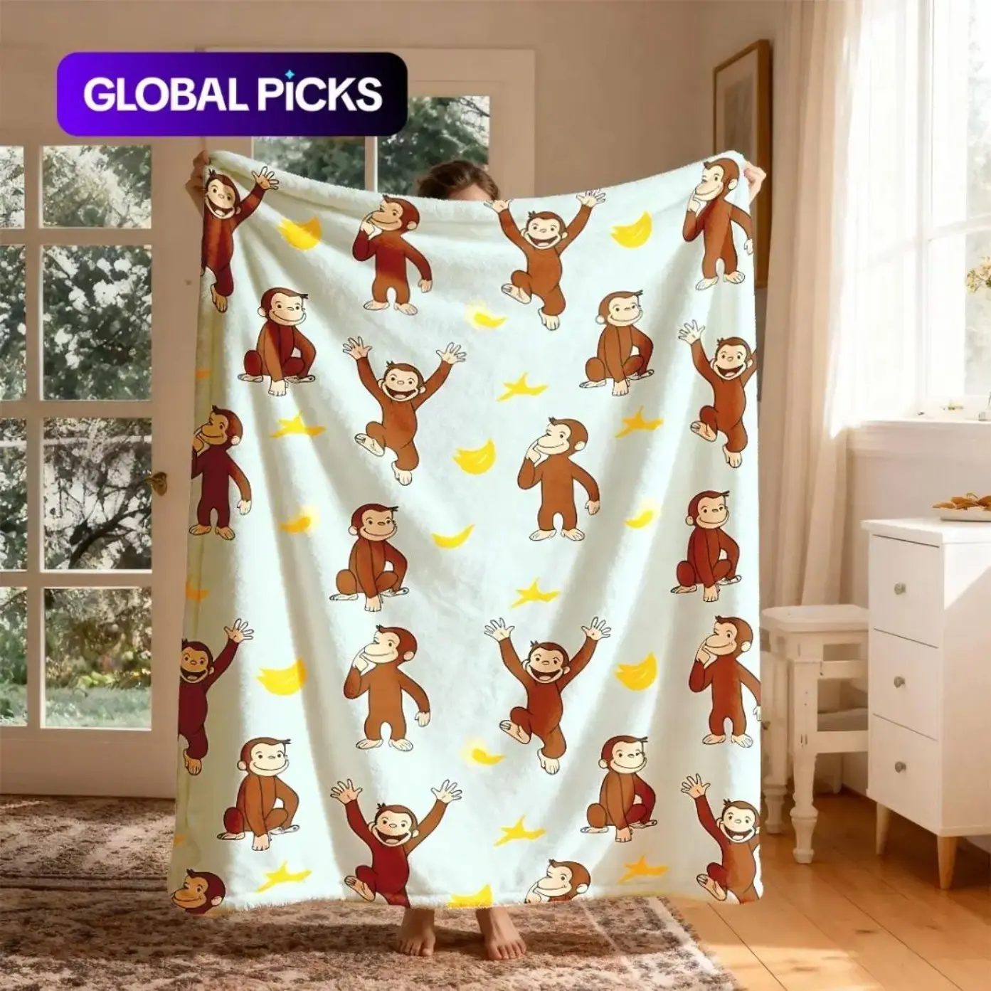 Curious George Monkey Banana Theme Flannel Printed Blanket, Large Size, Soft Lightweight Warm, Cozy Cartoon Blanket for Kids Adults, Perfect for Bed Sofa Office Camping Travel, Warm Nap Blanket, Cute Baby Shower & Birthday Blanket Gifts