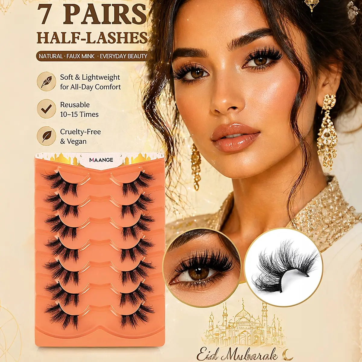 MAANGE 7 Pairs Half Lashes, D Curl Cat Eye False Eyelashes, Natural Faux Mink with Comfort Band, Lightweight 3D Wispy Effect, Extends Beyond Your Eye for Daily & Party, Reusable & Easy to Apply