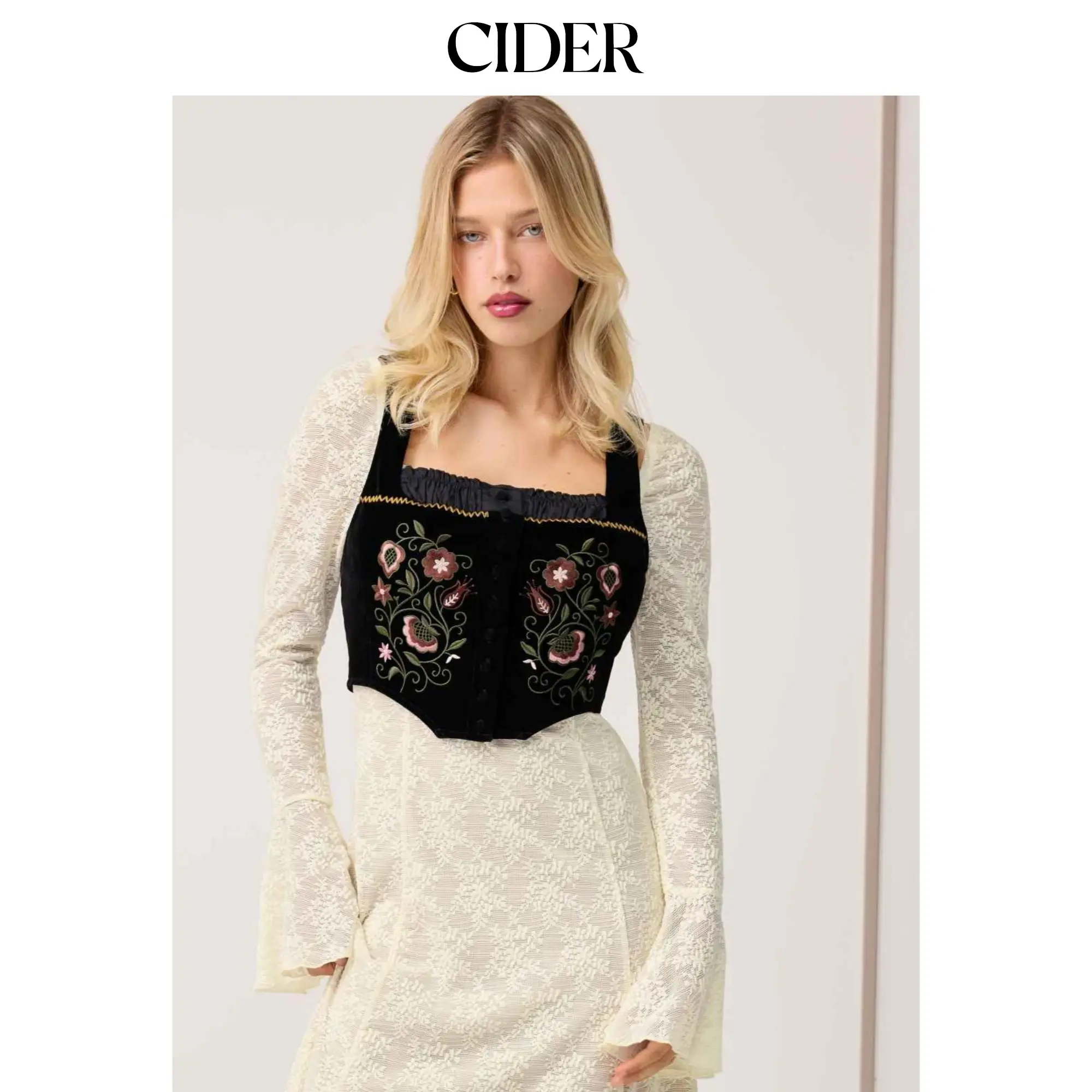 Cider Velvet Square Neck Floral Embroidery Lettuce Trim Jacket Vest