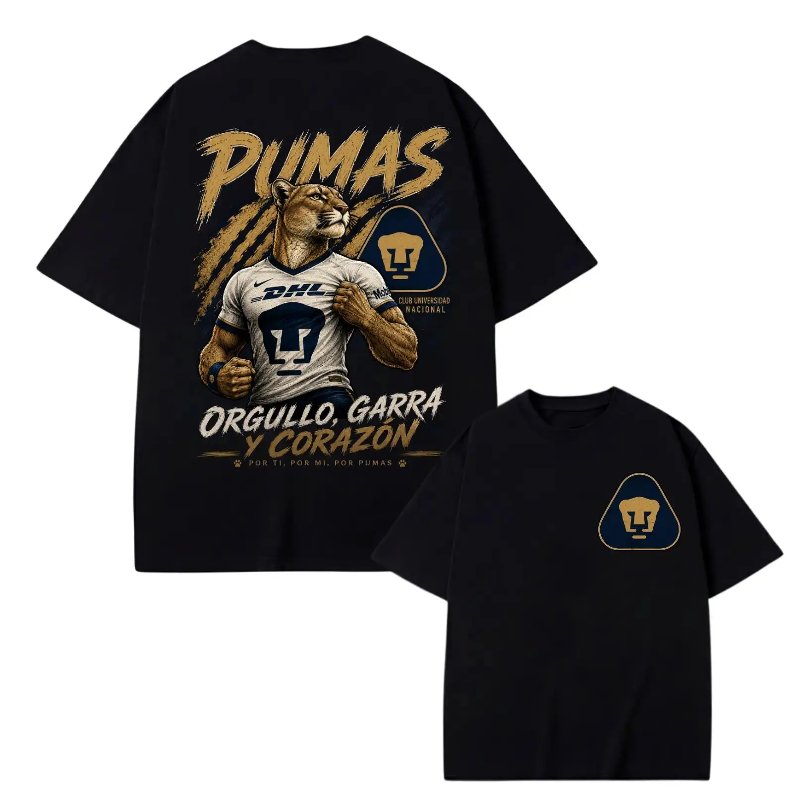 Men's Pumas UNAM Soft Cotton Fabric T-Shirt - Round Crew Neck, Breathable Short-Sleeve Relaxed Fit, Blue Gold Panther Logo, Liga MX Universidad Nacional Soccer Fan Casual Matchday Streetwear Top