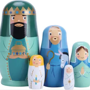 Large 5-Piece Russian Nesting Doll Set, Handmade Wooden Matryoshka, Jesus Birth Theme, Perfect for Christmas, Easter, Birthday Gifts, Home Decor