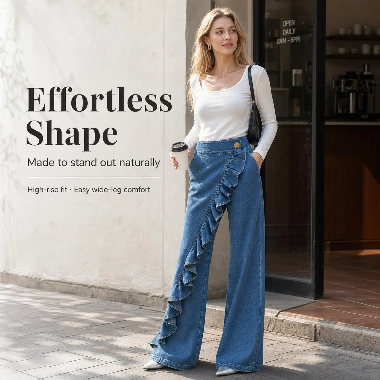 Women Medium Wash Asymmetric Ruffle Wide Leg Jeans, High Waist Wrap Front Floor Length Elegant Denim Trousers