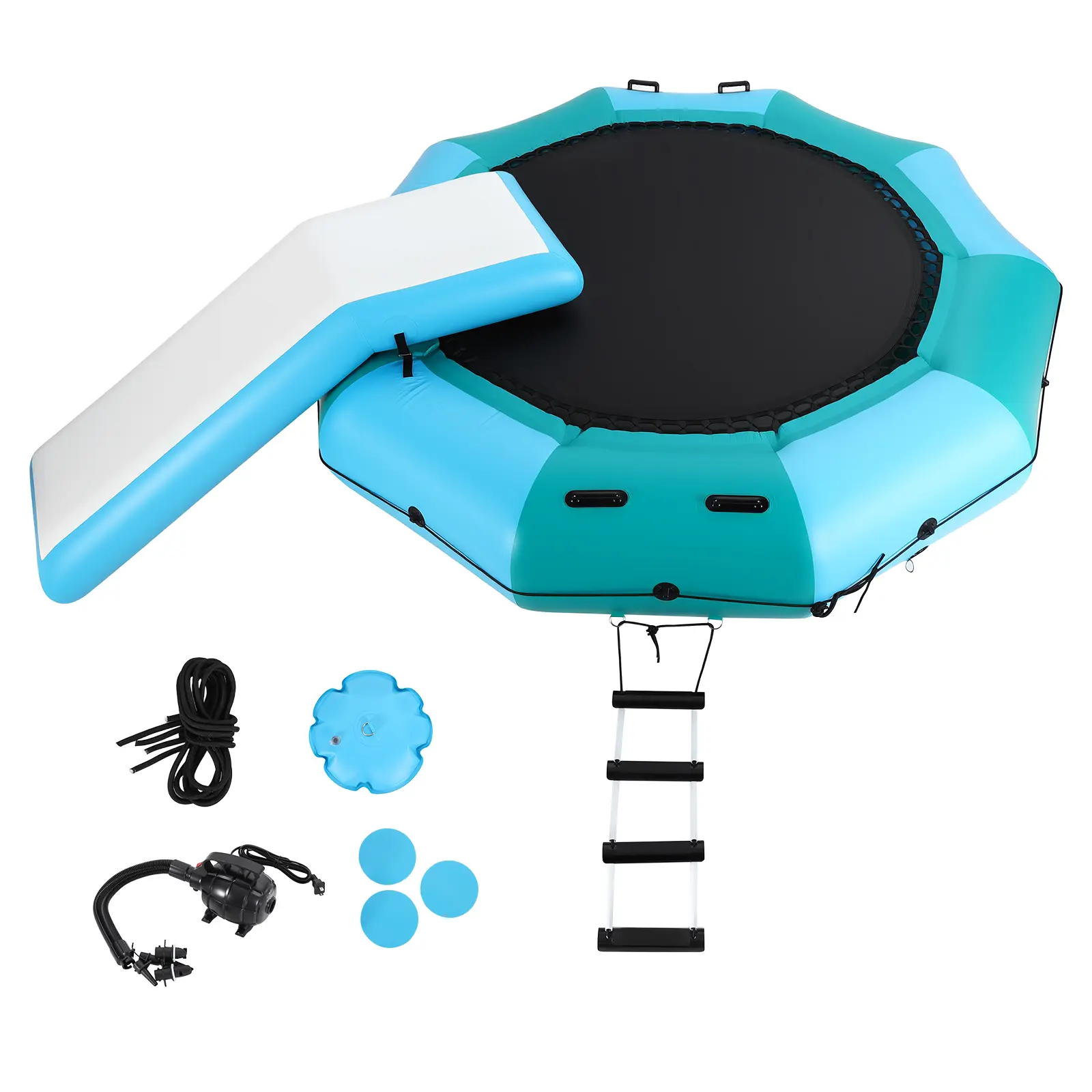 Heavy-Duty 10FT Inflatable Water Trampoline with Ladder, Anchor Kit & Pump – Floating Bouncer for Lake, Pool & Ocean – Family Outdoor Water Fun