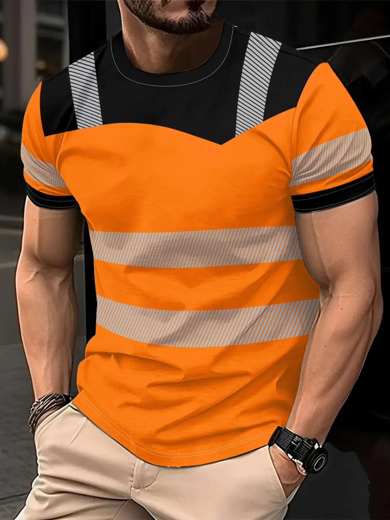 Men's High Visibility Patchwork Striped Workwear Round Neck Short Sleeve T-Shirt, Outdoor Fitness Sport Top, All Seasons, Essential Men's Apparel