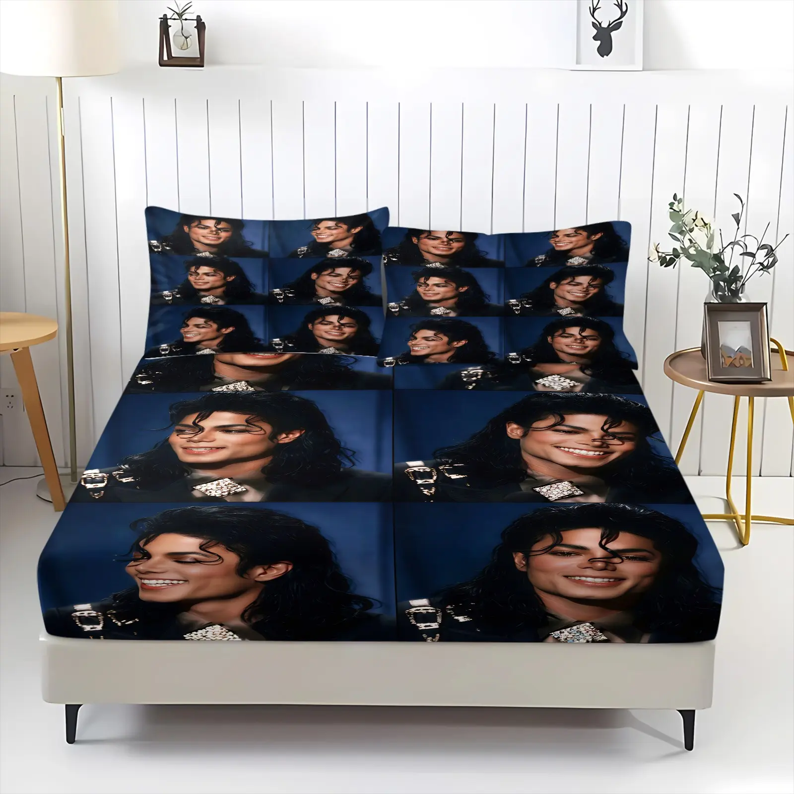 3Pcs Multi-Image Michael Jackson Trendy Retro Color Block All-over Print Fitted Sheet Set, Machine Washable & Fade-Resistant Deep Pocket Fitted Sheet, All-Season Mattress Soft Furnishing for Dorm & Home Use