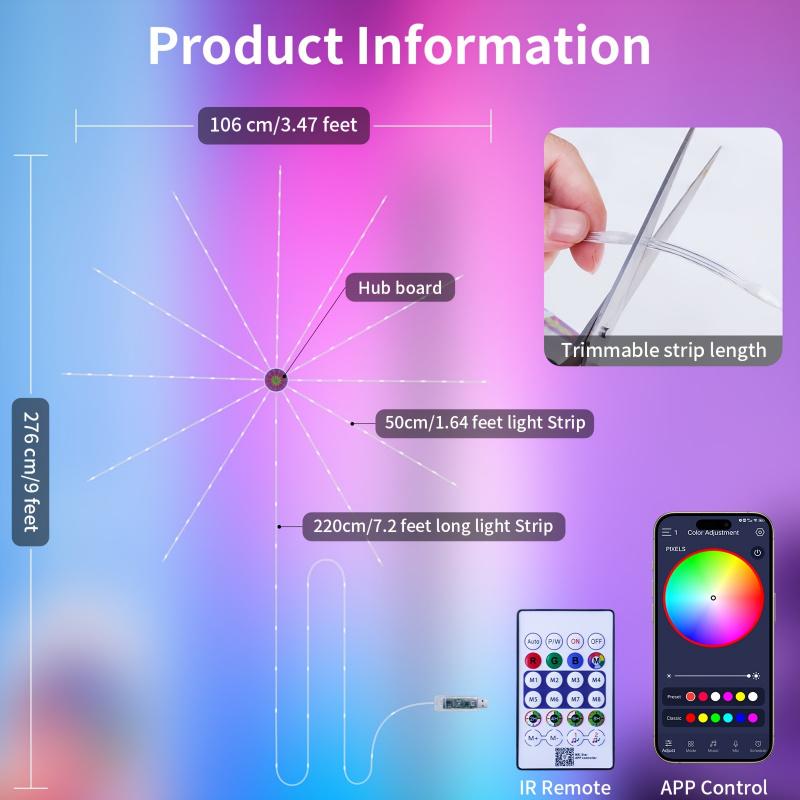 RGB fireworks effect LED ambient light, supports APP control, smart color-changing light strip, suitable for party lights, bedroom lights, and holiday decorative lights. Smart LED light.