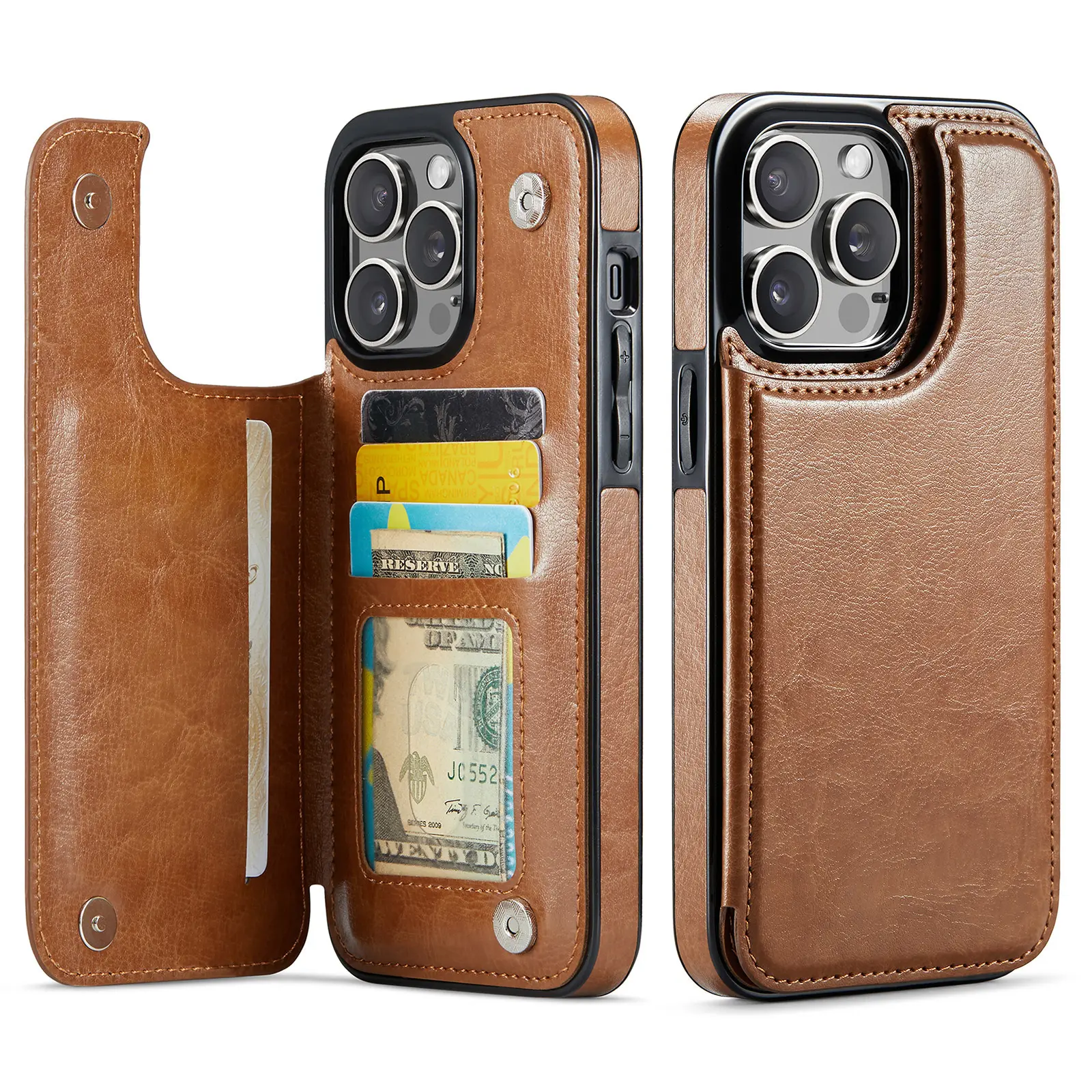 Metal Snap Flip Card Holder Leather Phone Case Cover for iPhone 17/16/15/14/13/12 Pro Max Plus Air, Transparent Cash Pocket, Anti-Scratch, Shockproof PU+TPU+PC Mobile Phone Accessory, Accessories