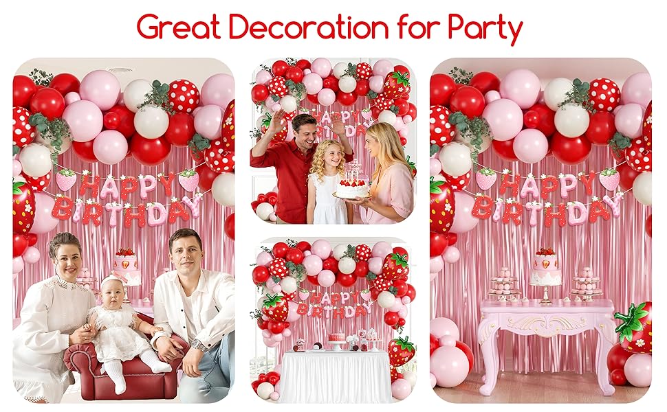 Strawberry Birthday Party Decorations Set with Pink Fringe Curtain, Happy Birthday Banner & Pink Red Sand White Balloons, Ideal for Strawberry Themed 1st Birthday & Baby Shower