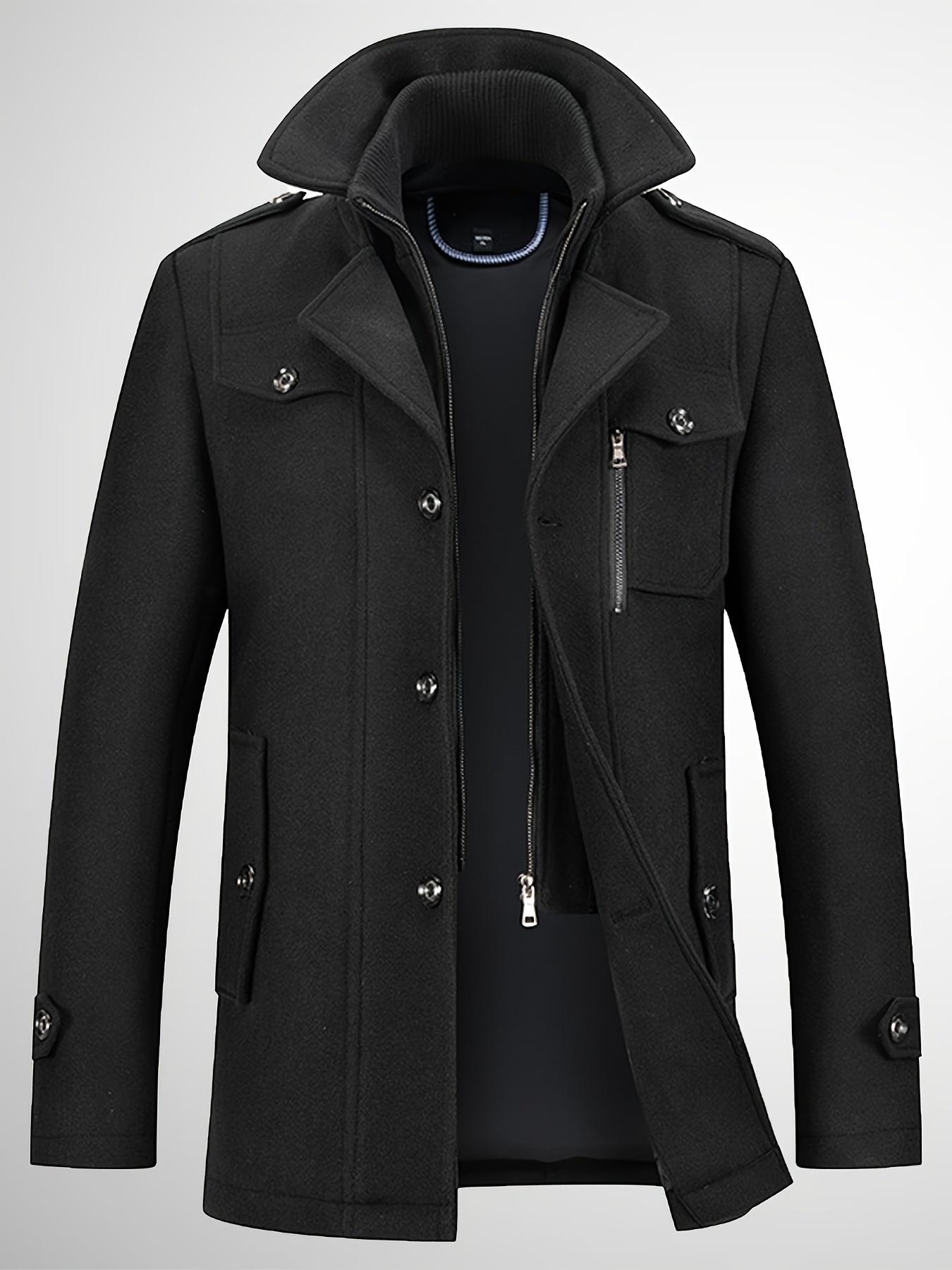 Men's wool-blend double-necked trench coat Detachable collar Single-breasted Winter tweed coat Casual warm coat Classic winter coat