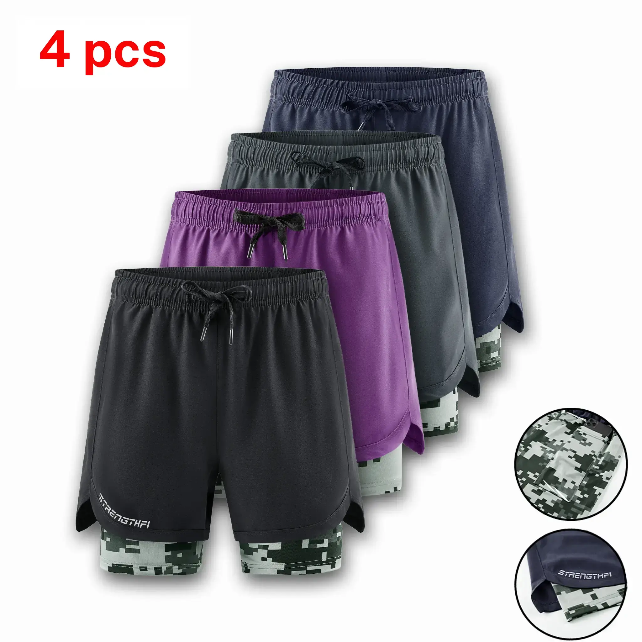 Men's 4 Pack 2 in 1 Gym Shorts, Fitted Cut Athletic Shorts in High Stretch Quick Drying Fabric with Inner Pocket for Fitness Training, Drawstring Athletic Shorts, Fitness Training Shorts