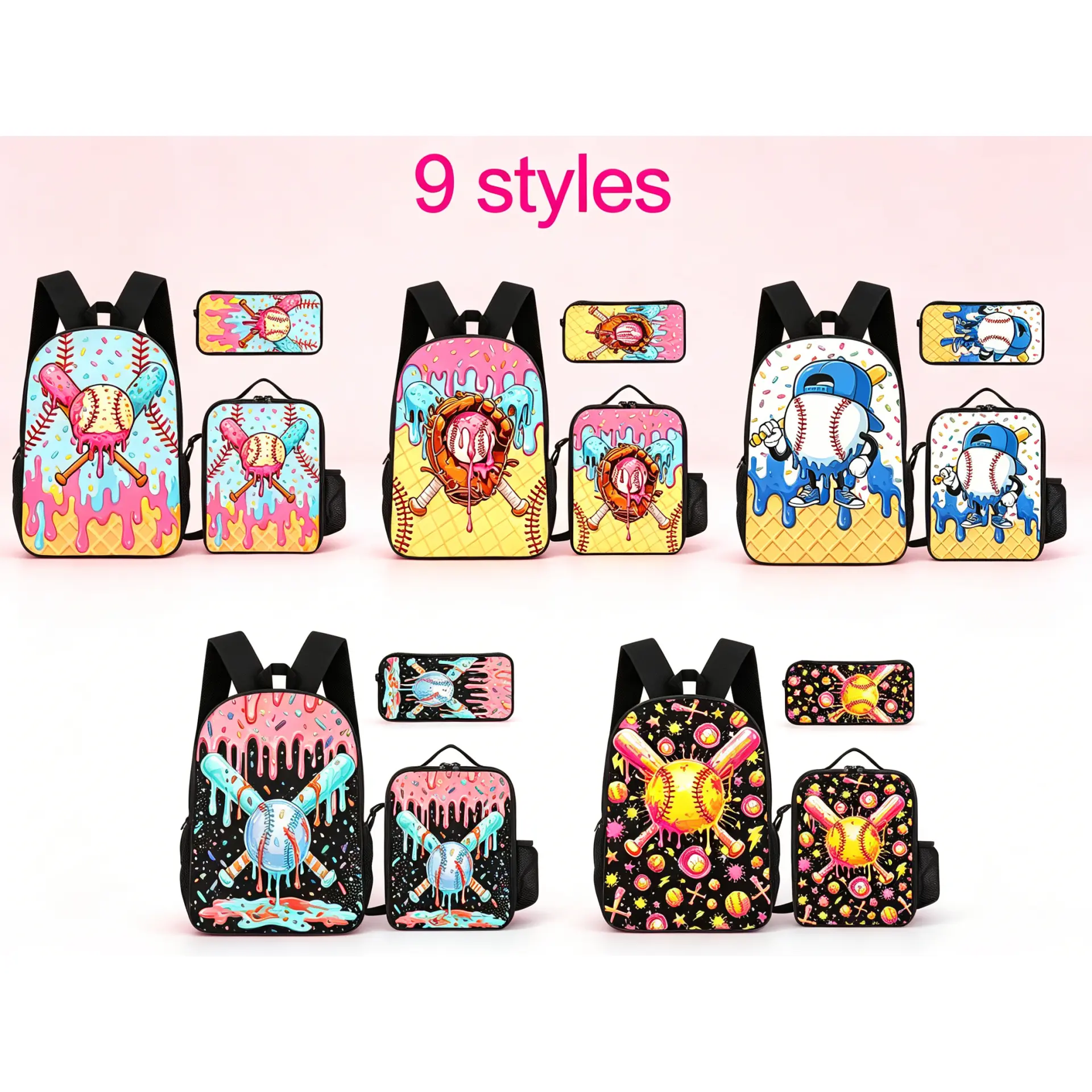 Back To School Sports Gift For Boys And Girls, Cute Dripping Ice Cream Baseball Print 3 Pieces Backpack Set, 9 Cartoon Baseball Style School Bag With Lunch Box & Pencil Case, , Baseball Sports Fans Gift # BaseballBackpackSet # 3In1SchoolBagKit