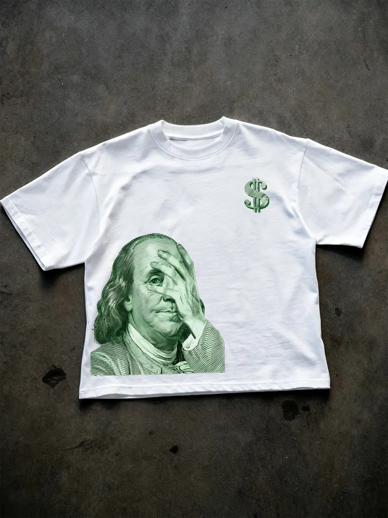 Unisex 100% Cotton White Cropped Drop Shoulder Loose Short Sleeve Tee with Dollar Franklin Face & Tiny Money Sign Print American Funny Vintage Streetwear Street Casual Top