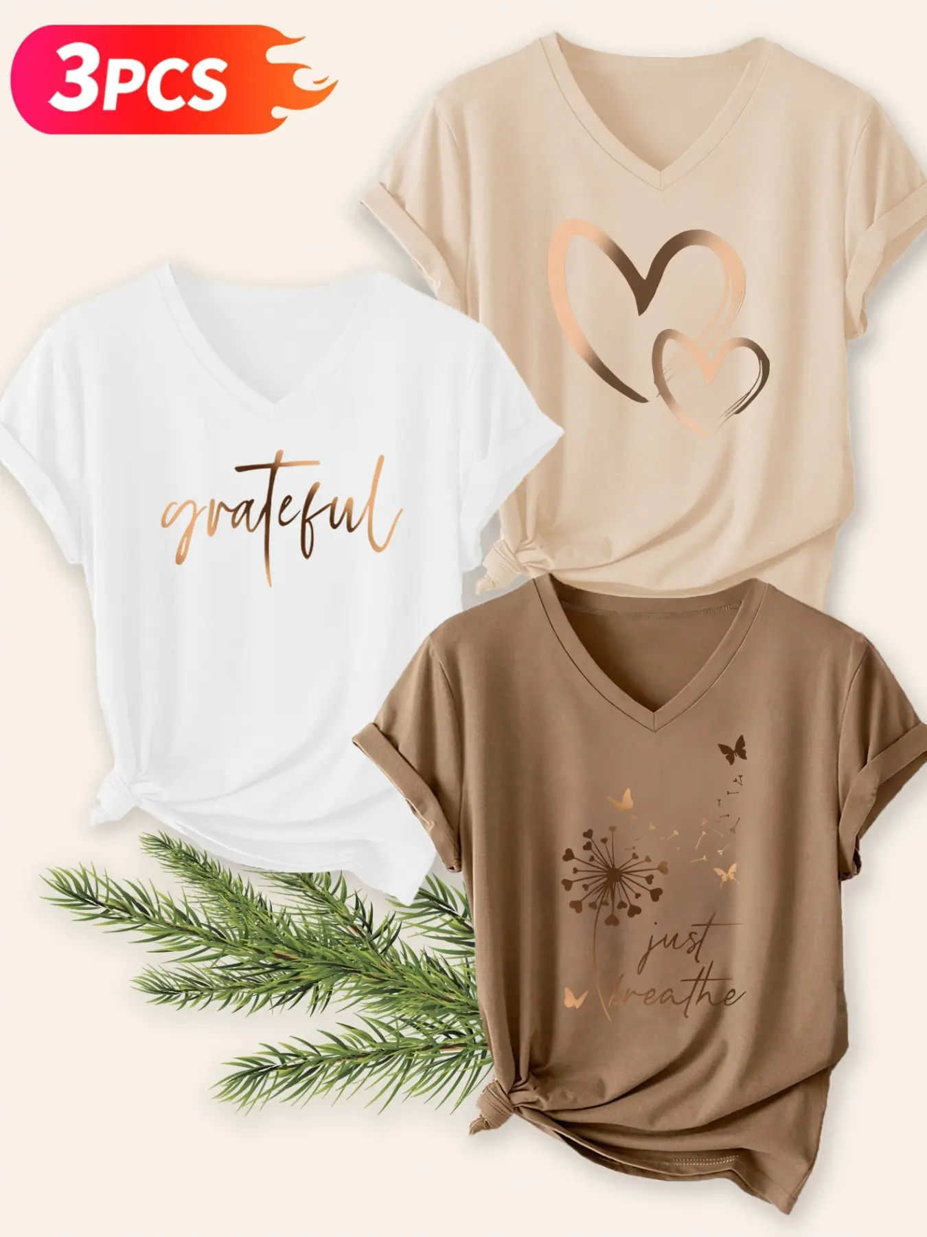 3-Pack Women's Gradient Print T-Shirts, Heart Daisy Letter Design, Casual V-Neck Short Sleeve, Soft Comfortable, Spring Summer