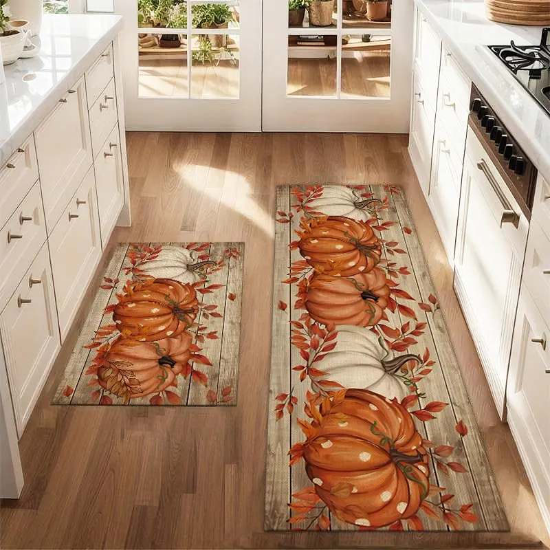 2Pcs Autumn Five Abstract Pumpkin Floor Mats Set Suitable For Farmhouse Kitchen Dining Room Laundry Room Decorative Carpet Mats Kitchen Rugs Sets