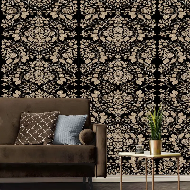 Elegant Black Beige Damask Floral Peel And Stick Wallpaper, Classic Vintage Floral Design Removable Self Adhesive Contact Paper, ,No Residue Easy Install Contact Paper For Family Friends Colleagues Bedroom Furniture Kitchen Bathroom Multi Home Decor