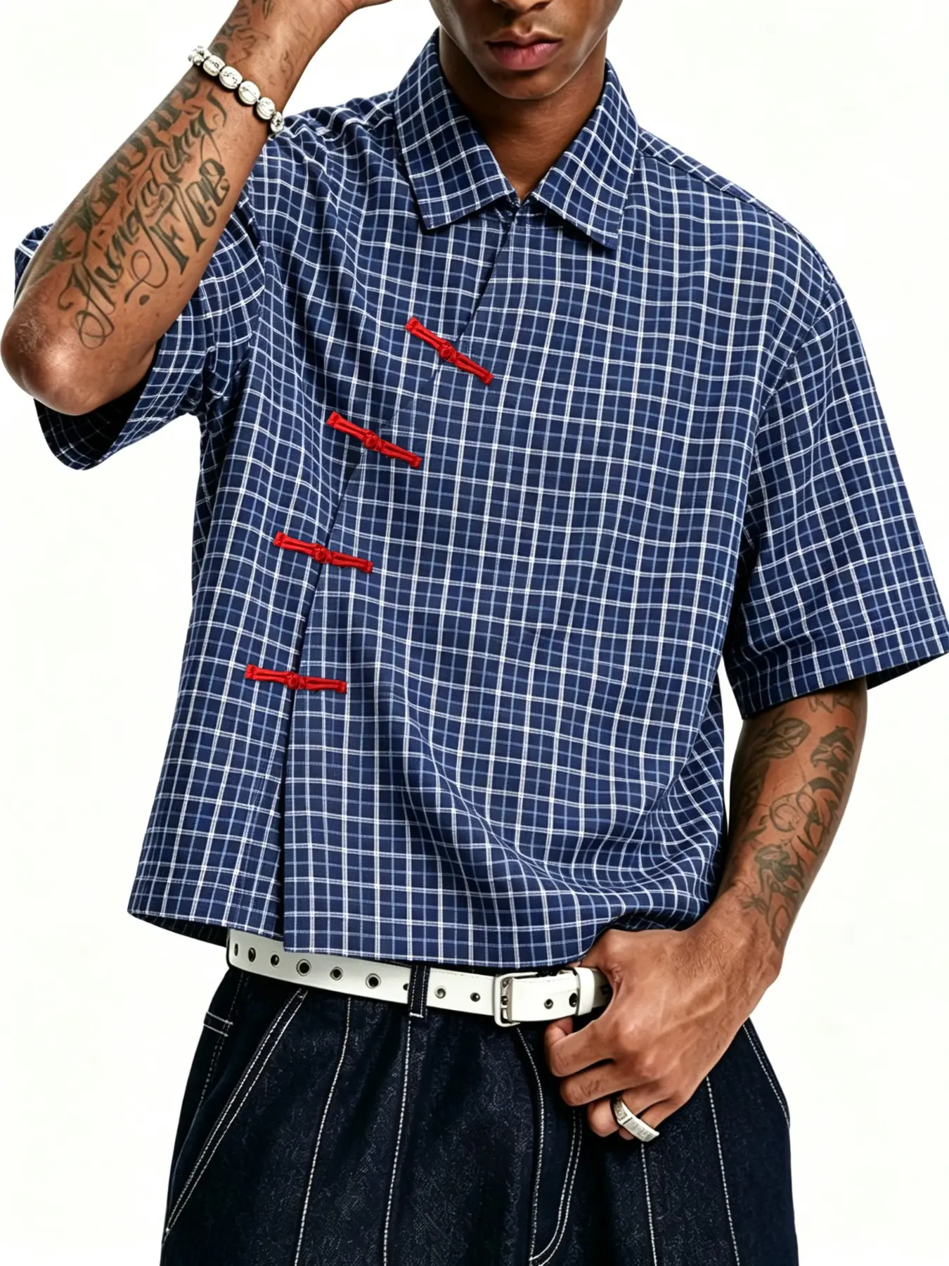 Vintage Streetwear Men's Short Sleeve Plaid Shirt, Collared Blue Check Pattern, Asymmetric Chinese Button Front, Harajuku Oriental Fusion Style