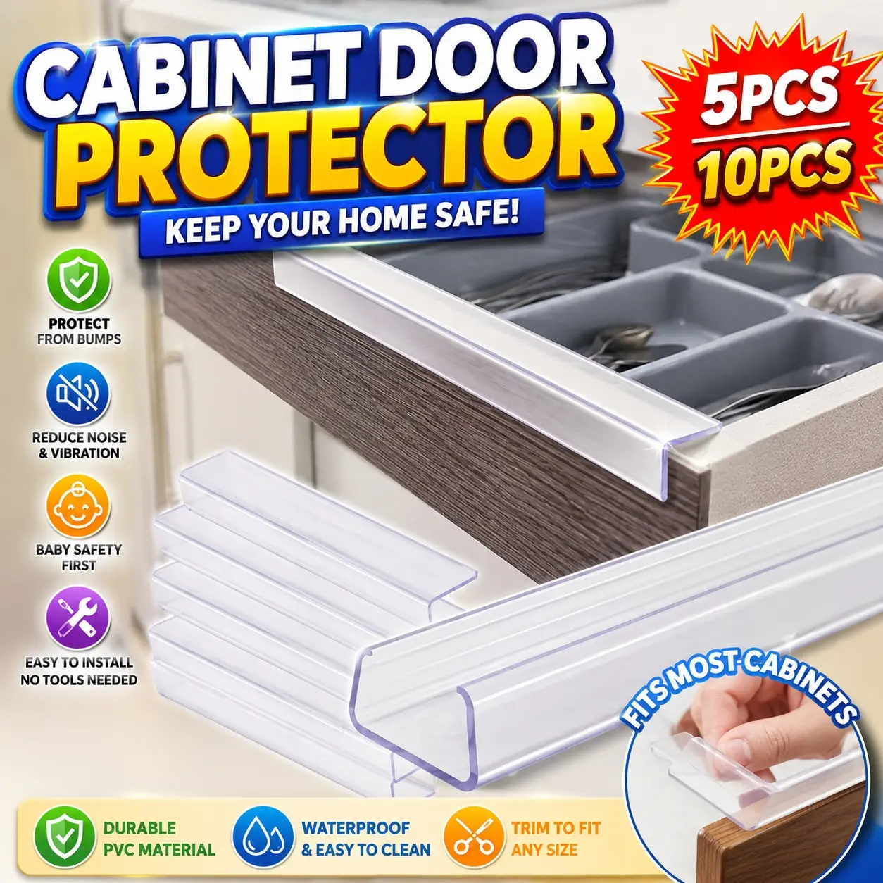 10pcs/5pcs snug-fit 18-inch cabinet door protectors, flexible slip-on plastic edge guards, slim transparent cabinet edge protection, prevents wear, cracking, and discoloration, cabinet door buffer
