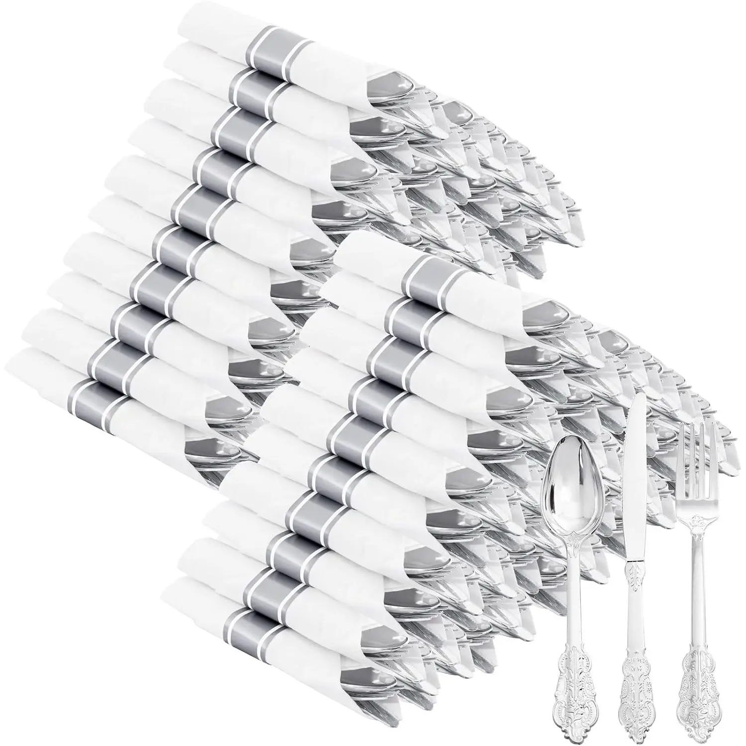 400PCS Pre Rolled Silver Plastic Silverware Sets Fancy for Wedding