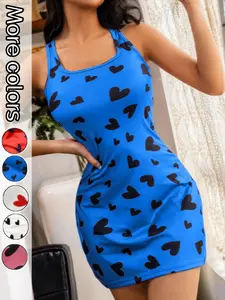 Women Heart Print Sleeveless Tank Bodycon Mini Dress Summer Lounge Wear Pajamas Casual House Dress Sexy Grown And Sexy Date Night Party Beach Vacation Outfit OOTD Outfit Inspo Summer Fashion Elevated Casual Effortless Style Elegant Women Dresses