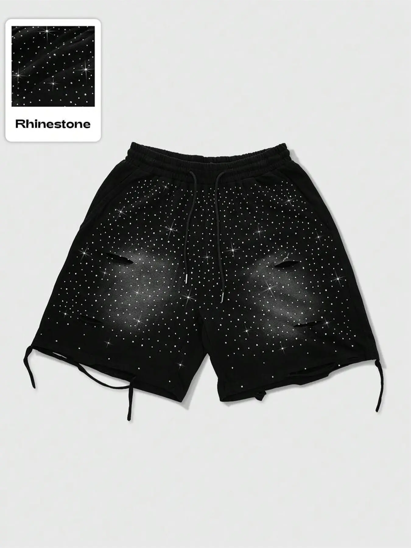 American Punk Dark Rhinestone Casual Five-Quarter Pants, Starry Water Drizzle Ripped Drawstring Loose Gym Shorts, Men's Fitness Trendy Pants