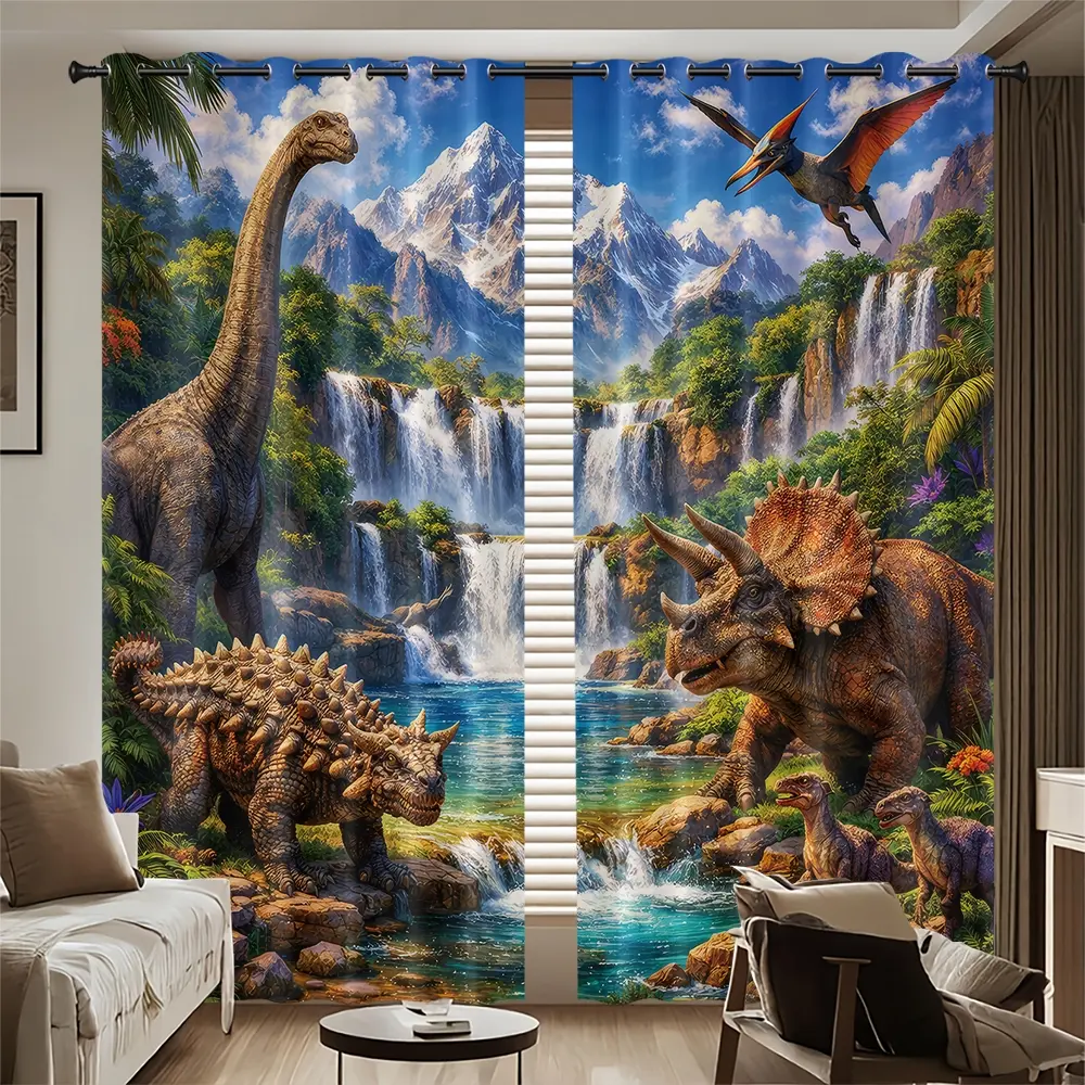 Jungle Falls Ancient Dinosaur World Print Blackout Curtains, Metal Grommet Top, Thermal Insulated, Noise Reducing & Privacy Protection, 2 Panels Window Drapes for Apartment, Living Room & Bedroom Decor