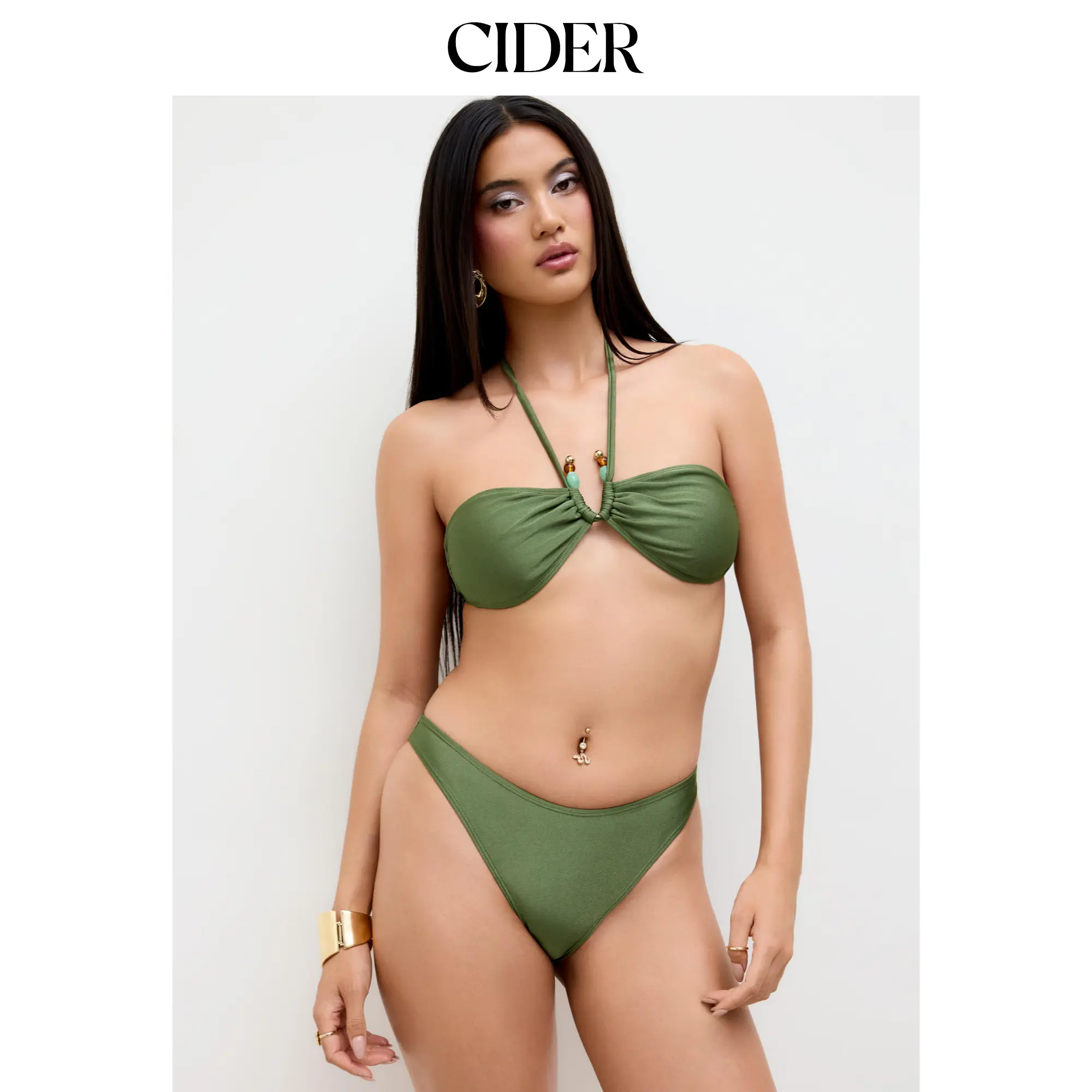 Cider Halter Neckline Beaded Ruched Cheeky Bikini Set