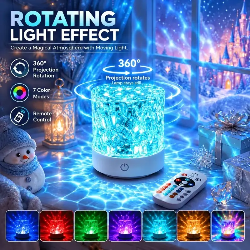 2026 Upgraded USB-Powered Aurora Water Ripple Projection Light, Rotating Multicolor Effect, Touch-Control Color-Changing IceCrystal Cube Mood Light, Bedside Tabletop Night Light for Bedroom, Romantic Room Ornament, Atmosphere Lighting, Holiday Party Decor