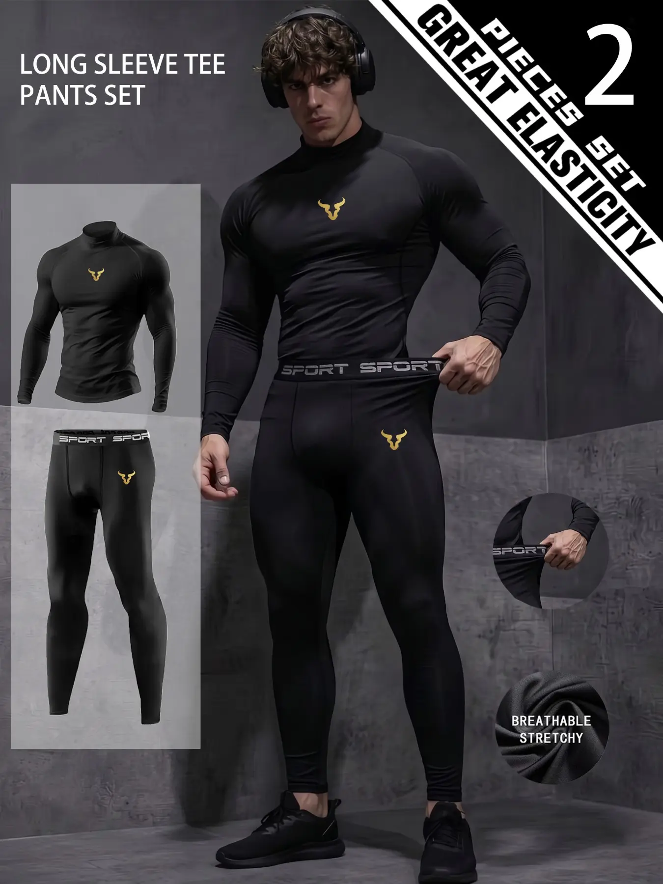 2 Piece Men Compression Workout Sets Turtleneck Long Sleeve Shirts Tight Leggings Gold Bull Head Print Breathable High Stretchy Autumn Winter Running Cycling Training Outdoor Gym Performance Athletic Sportswear
