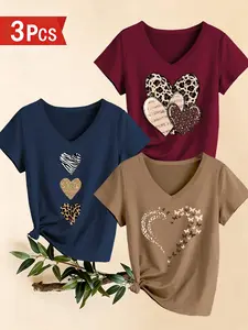 Women's V-Neck Three-Piece Set, Leopard Heart Print Short Sleeve T-Shirt, Casual Sporty Top, Breathable Fabric