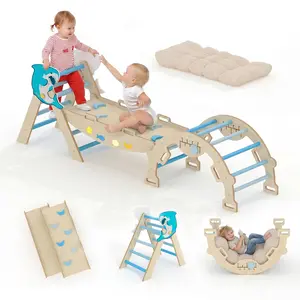 Montessori Wooden 3 in 1 Pikler Triangle Climbing Set with Drawing Board Indoor Play Gym Slide Ramp Ladder Balance Toy for Toddler Playroom Nursery Home Activity Blue