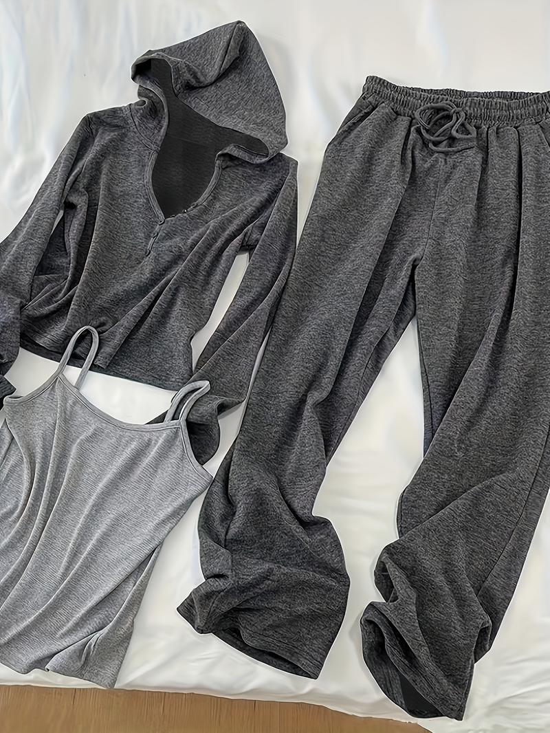 Women's Solid Long Sleeve Hooded Top & Wide Leg Pants & Cami Top Set, Casual Fashion Cozy Breathable Three-piece Outfits for Daily Outdoor Wear, Ladies Clothes, Womenswear