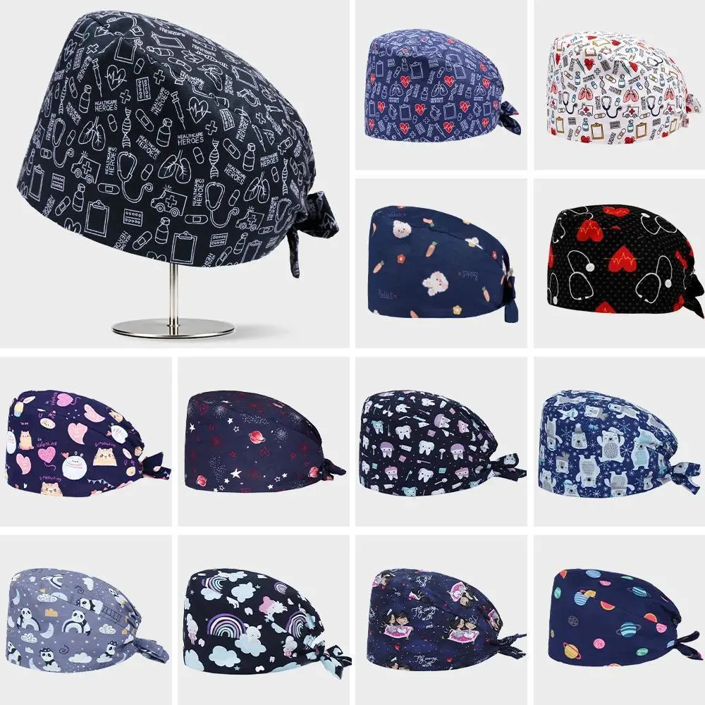 Black Digital Cotton Work Scrub Cap Unisex Short Hairs Adjustable Nursing Caps TOOTH Pet Hospital Hats M1203