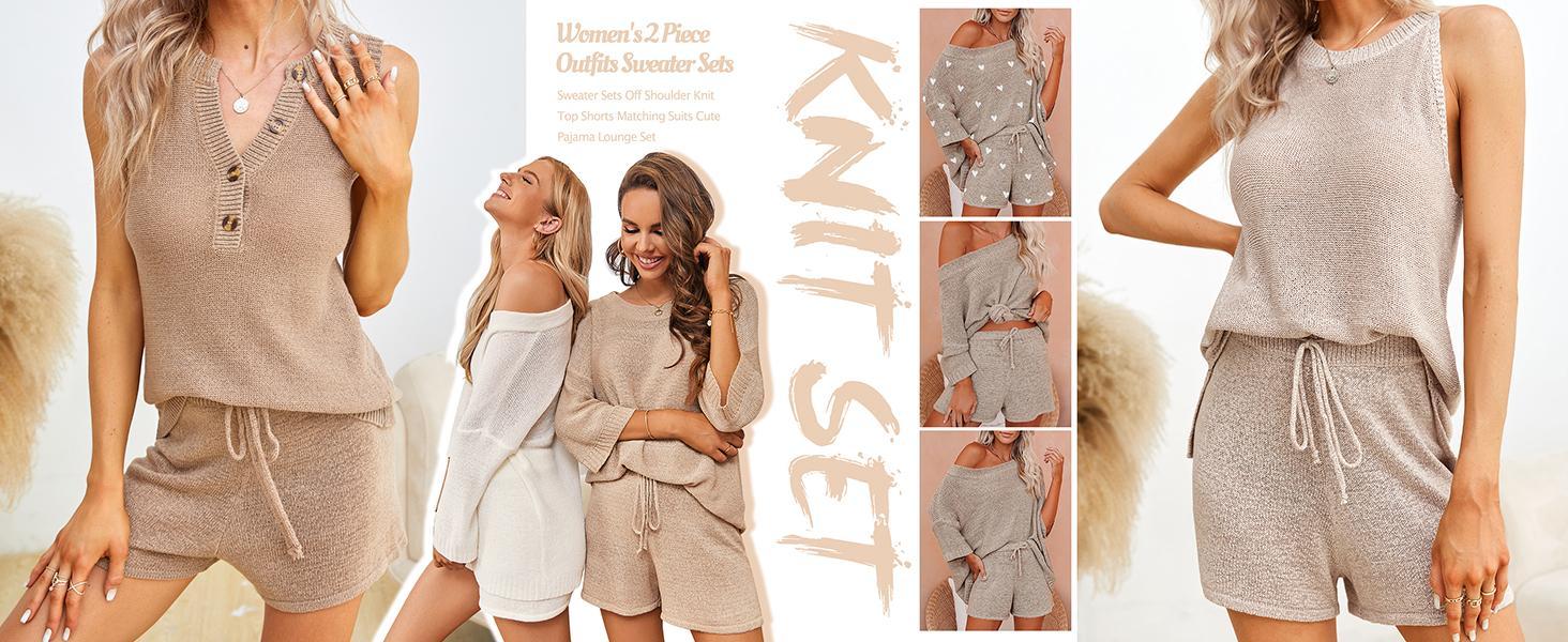 Imily Bela Women's 2 Piece Outfits Sweater Sets Off Shoulder Knit Top Shorts Matching Suits Cute Pajama Lounge Set