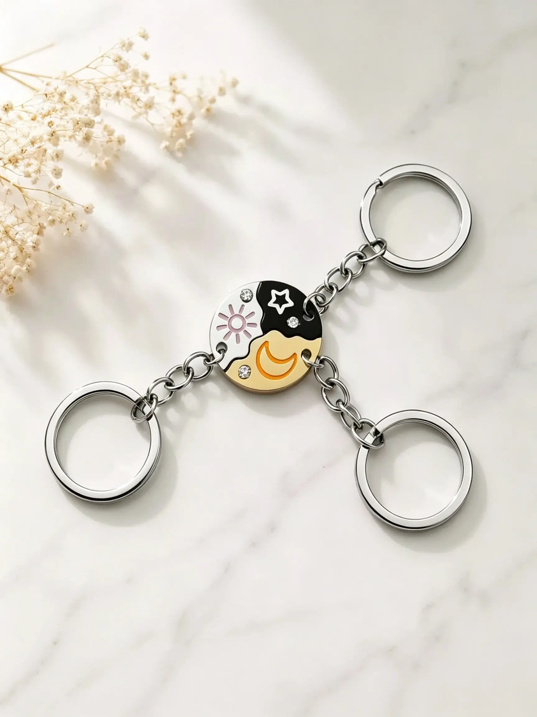 Sun Moon Star Magnetic Adjustable Keychain Set, 3-Piece Puzzle Design, Friendship Jewelry, Ideal Gift for Best Friends, Birthday, Anniversary, Valentine's Day