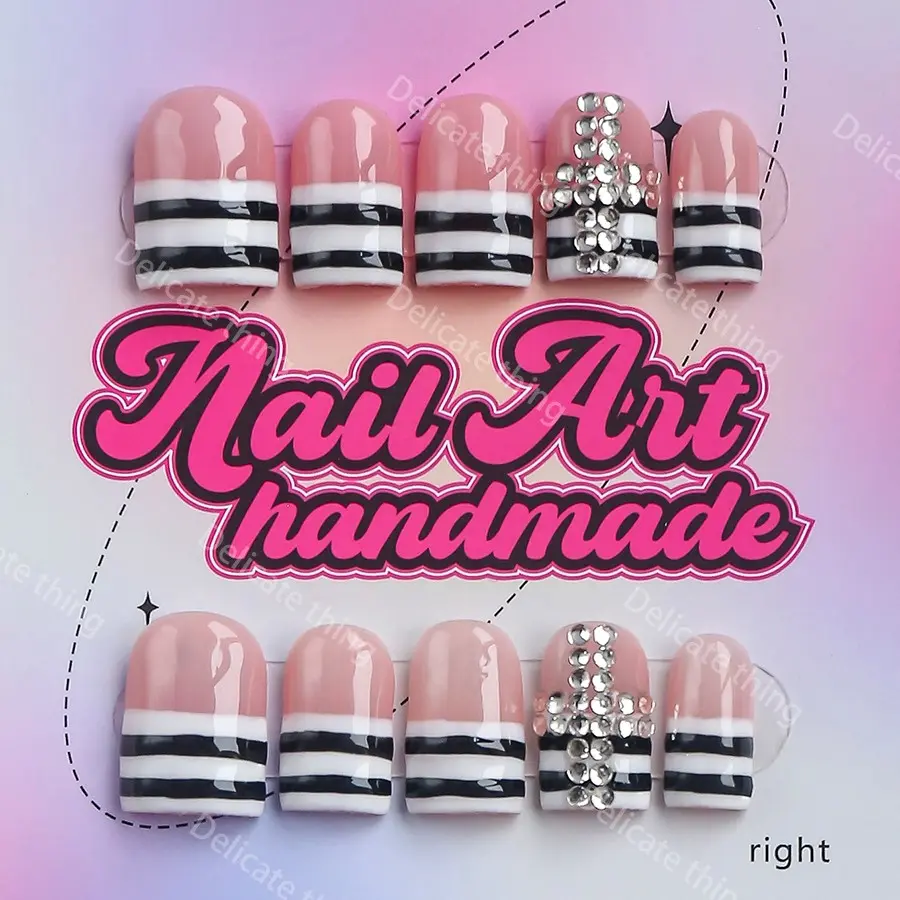 10 Pieces Y2K Handmade Press-On Nails, Available in XS/S/M/L Sizes, Complete Nail Kit with Jelly Glue, Cuticle Stick & Nail File, Ideal for Party & Daily Makeup, Nail Art Supplies